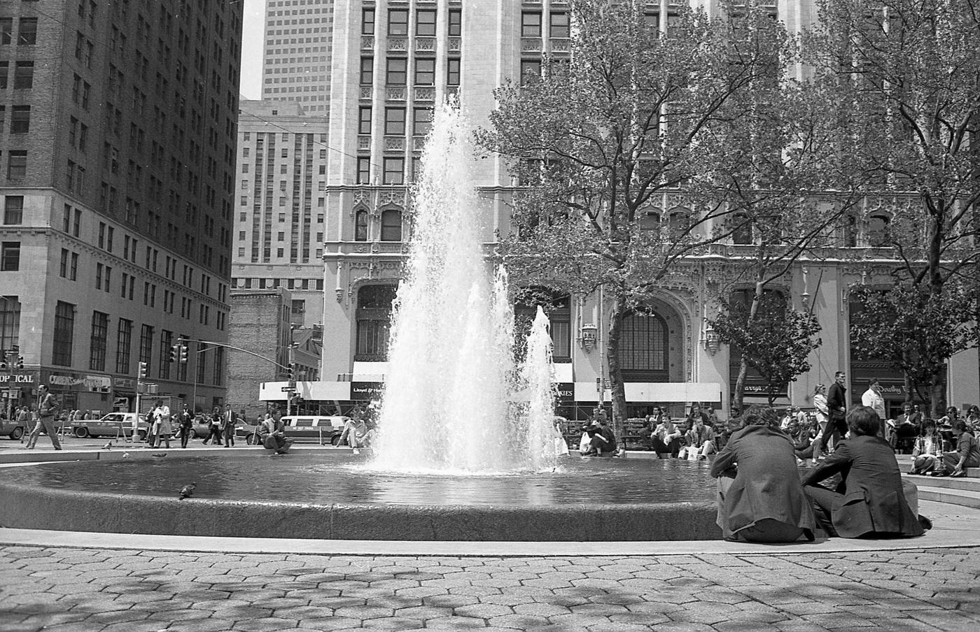 City Hall Park View With Two People Sitting By The Fountain, Manhattan, 1987