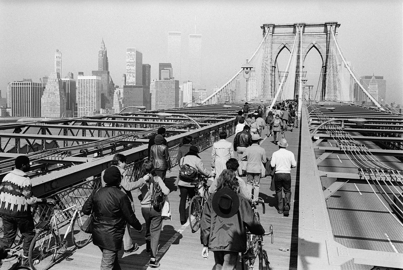 Commuters Walking Over The Brooklyn Bridge Towards Manhattan, 1980