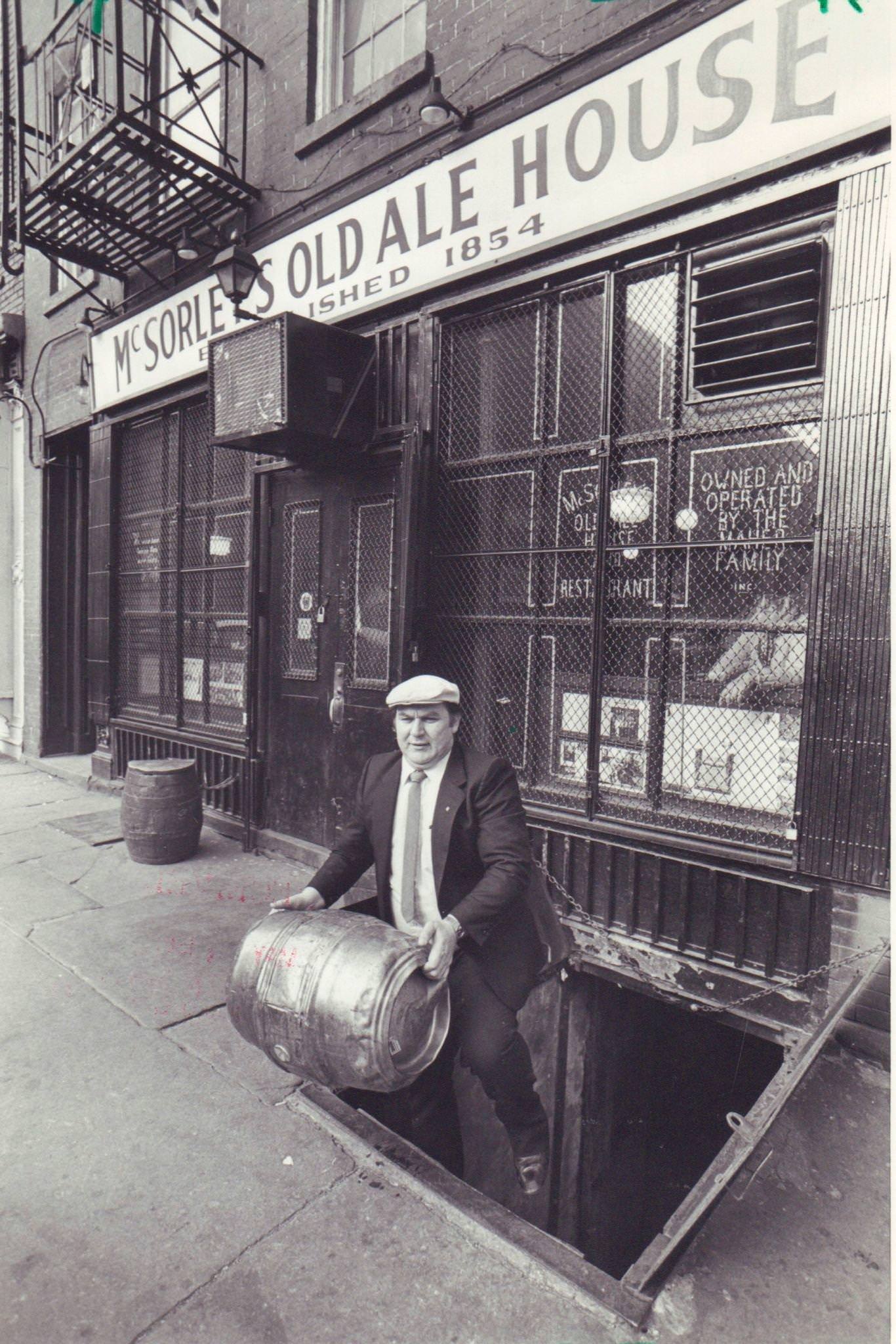 Matty Maher, Owner Of Mcsorley'S, Hauls A Keg, Manhattan, 1985