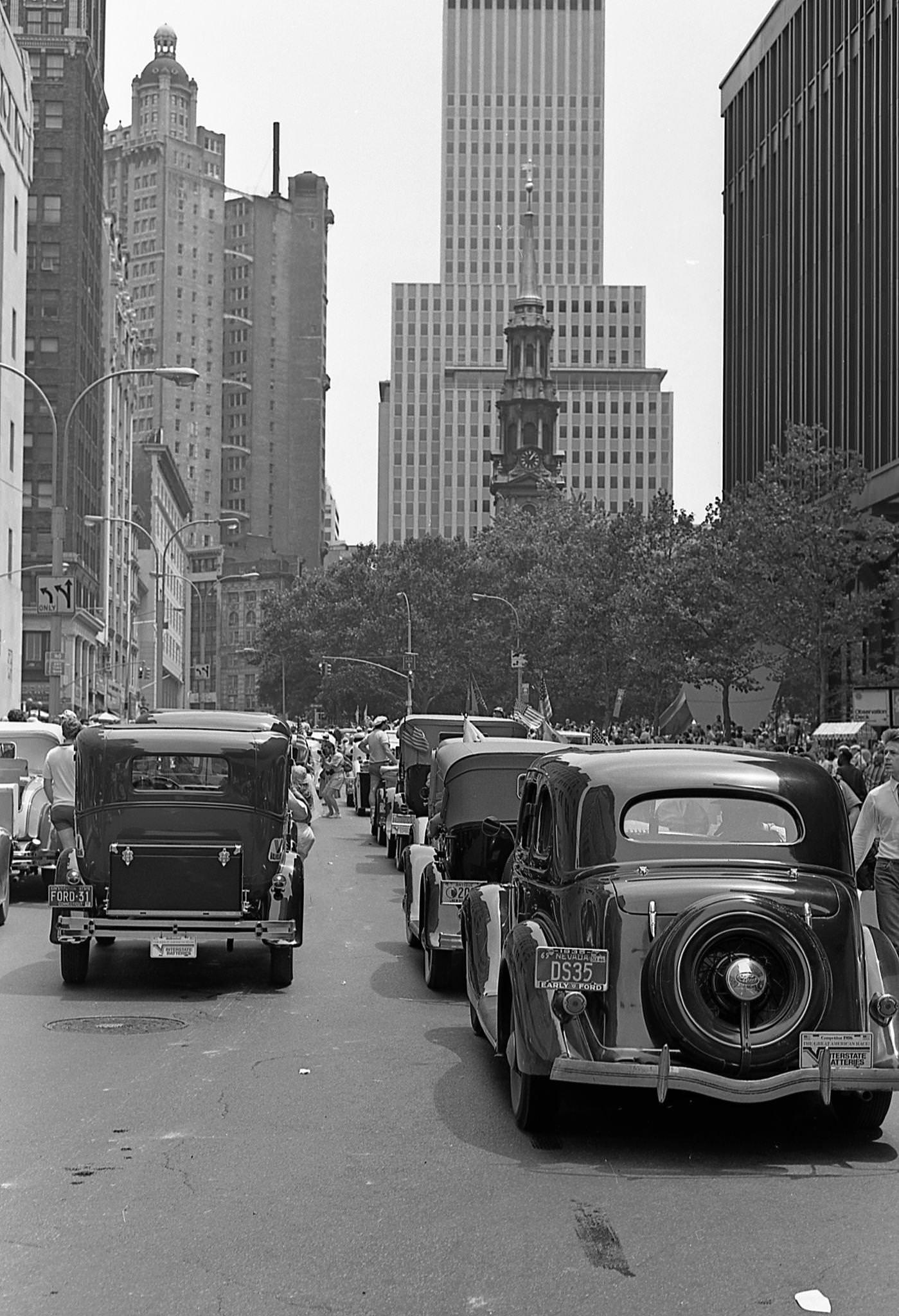 The Great American Race, Rear View Of Vintage Cars Driving On Vesey Street During The Great American Race, Manhattan, 1986