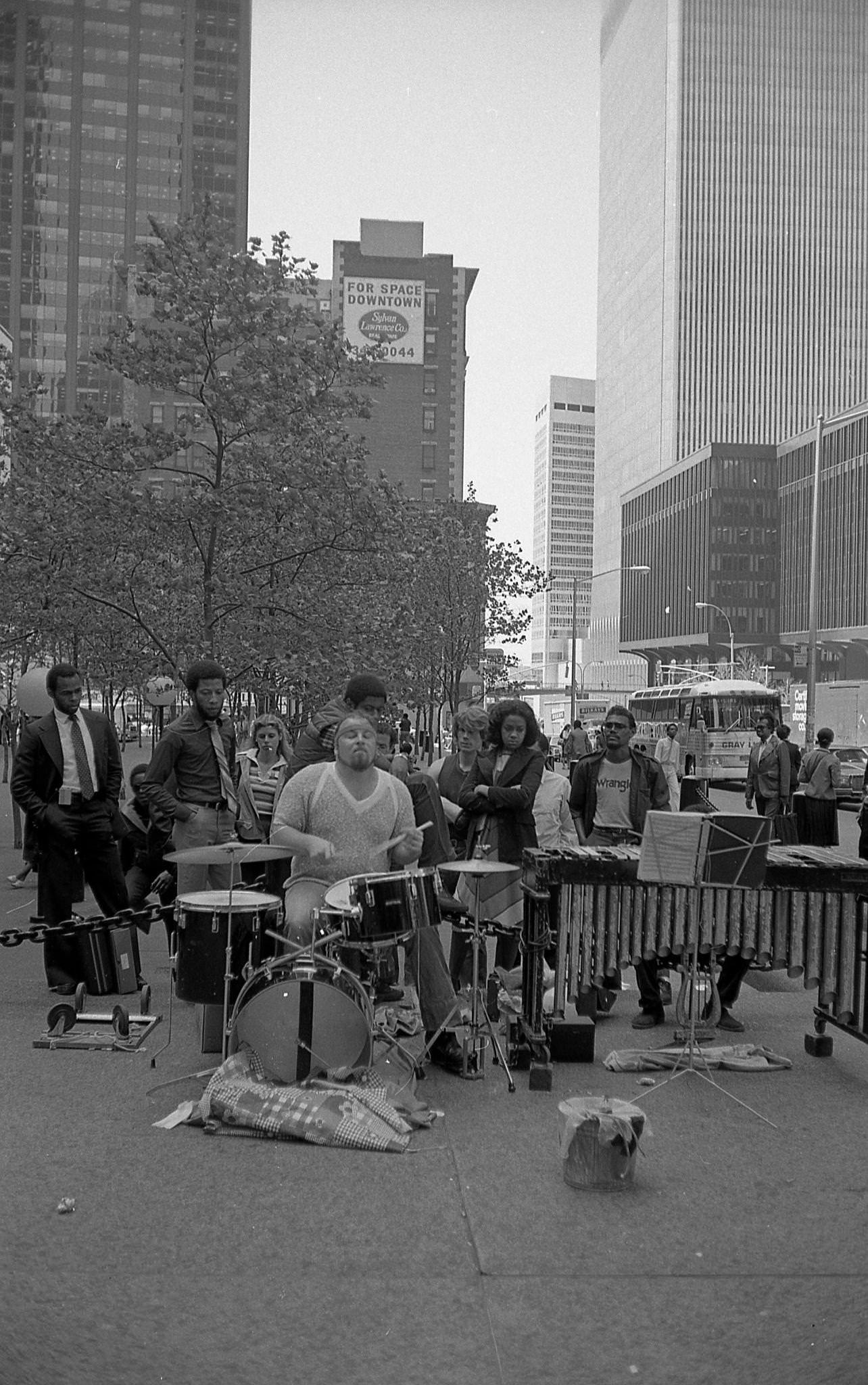 Street Musician In Liberty Plaza Park, Unidentified Street Musician Playing Drums, Manhattan, 1982