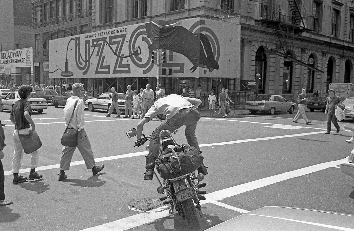 Motorcyclist On Broadway, View Of A Man Kick Starting His Motorcycle, Greenwich Village, Manhattan, 1989