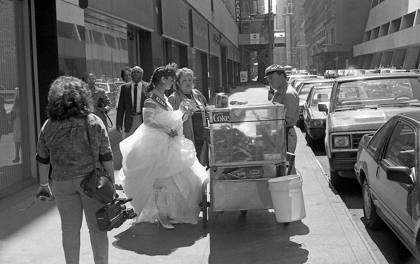 Grabbing A Pretzel At The Cuban Parade, Unidentified Pageant Contestant Buying A Pretzel, Manhattan, 1988