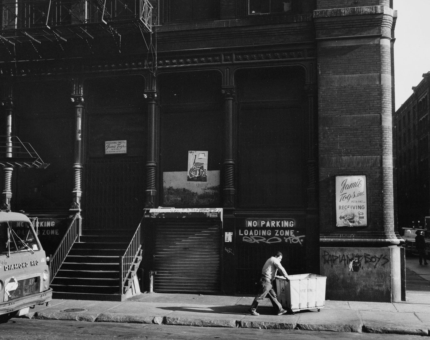 Man Pushing A Trolley In Front Of 569-575 Broadway, Manhattan, 1980S