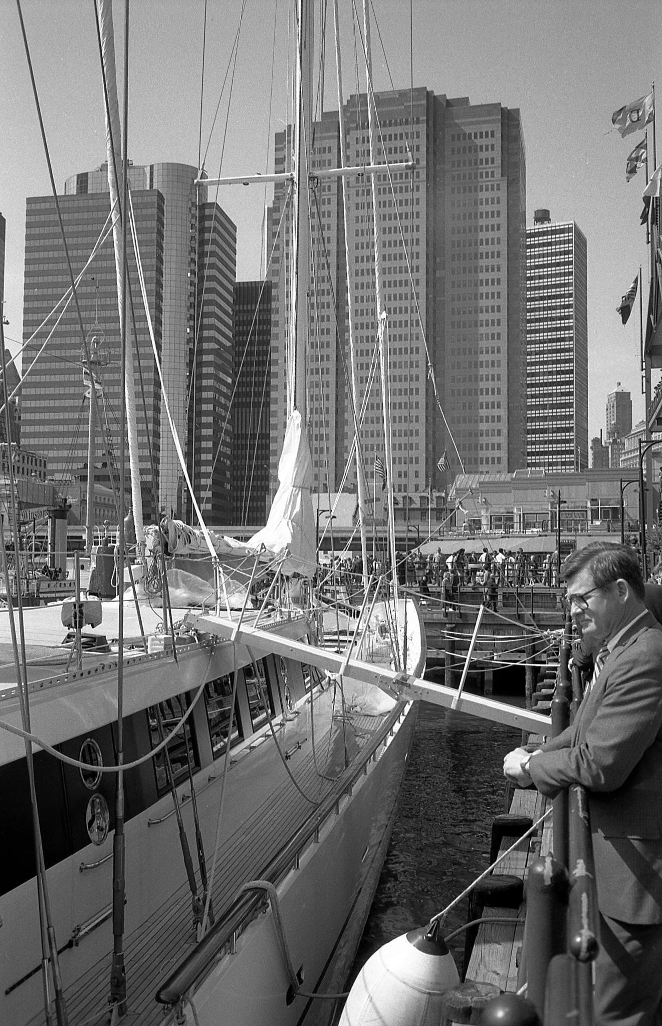 Unidentified Man Looking At Docked Yacht 'Phocea' At Pier 17, Manhattan, 1988