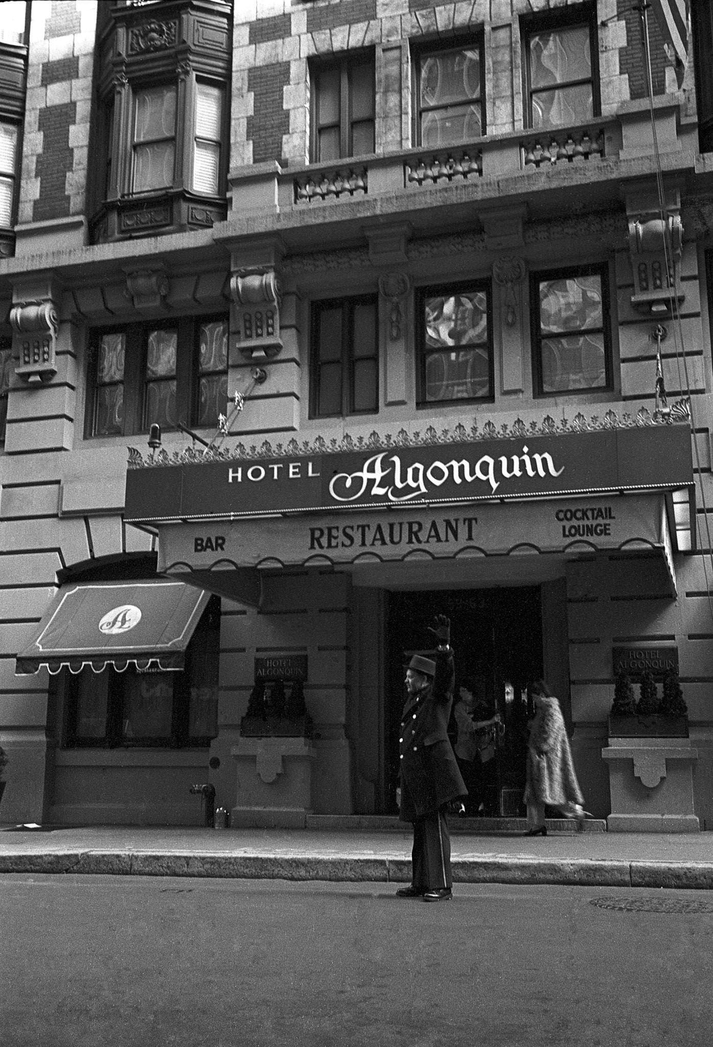 Doorman Hailing A Cab In Front Of The Algonquin Hotel At 59 West 44Th Street, Manhattan, 1982