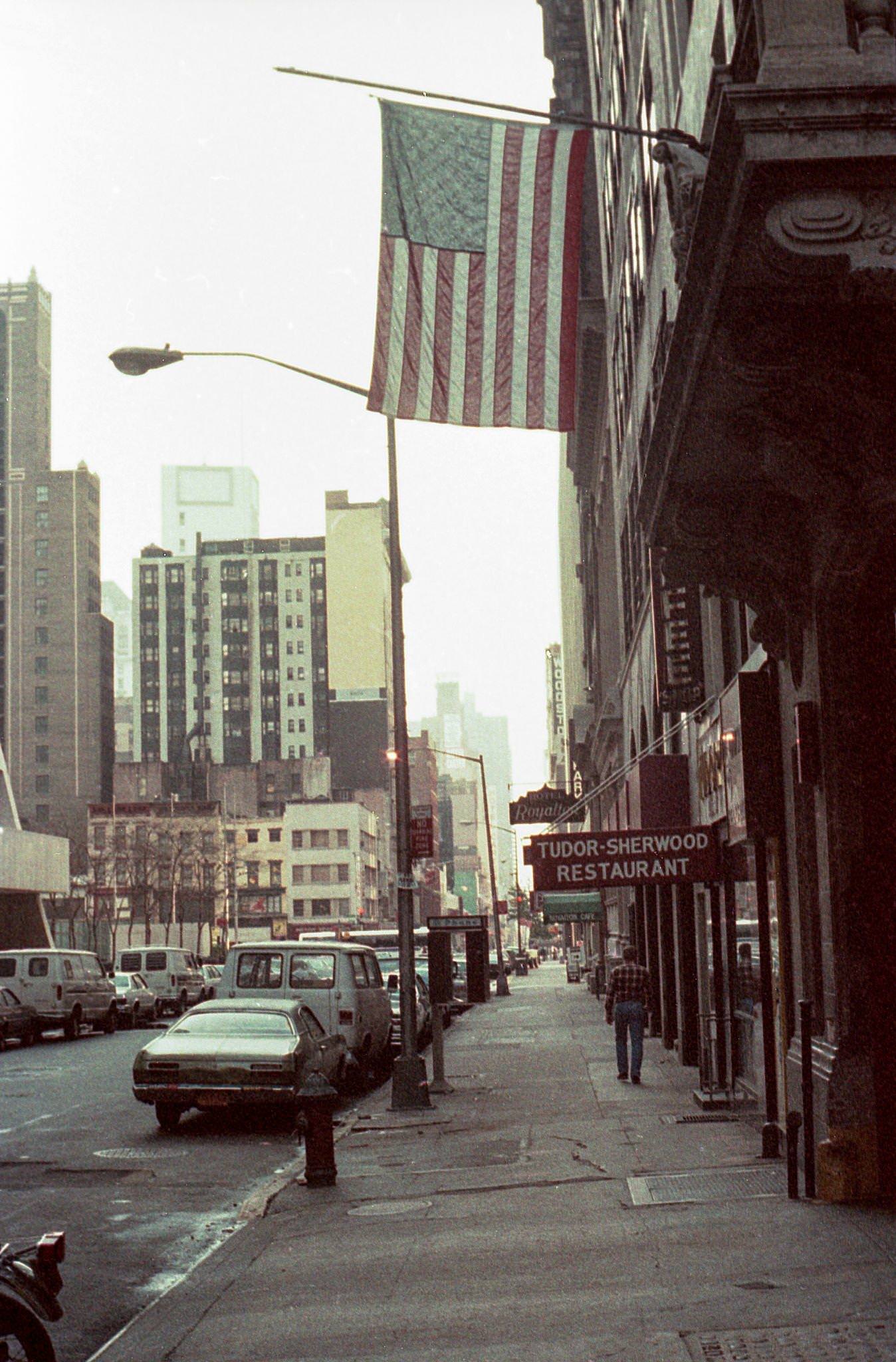 American Flag Hanging From A Building On West 44Th Street In Times Square, Manhattan, 1984.