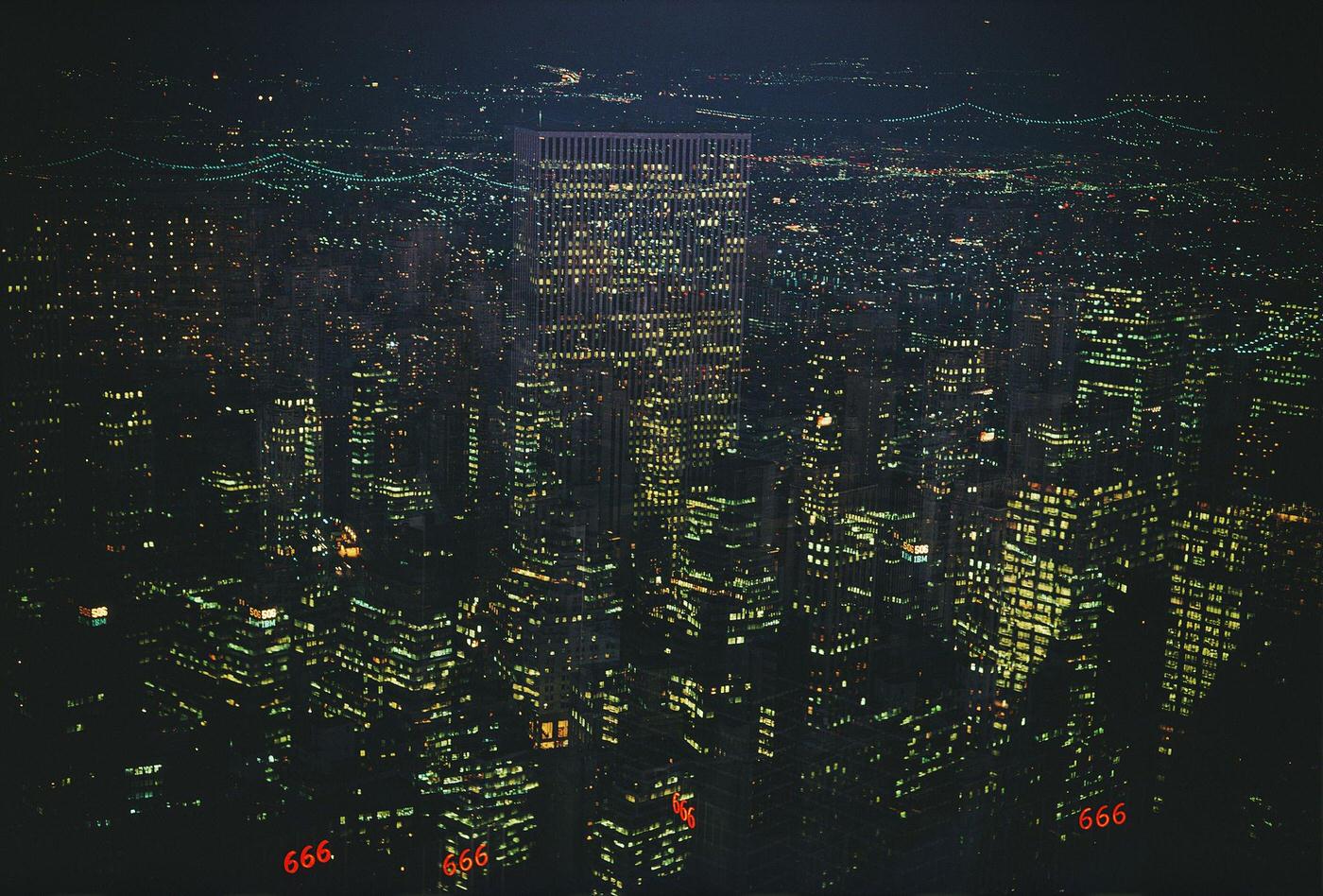 Skyscraper Reflected Onto The Buildings Of Manhattan At Night, Manhattan, 1980.