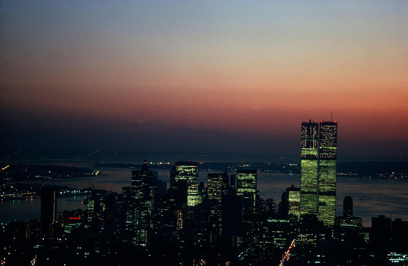 View Of The New York City Manhattan Skyline At Sunset Including The Twin Towers, Manhattan, 1986.