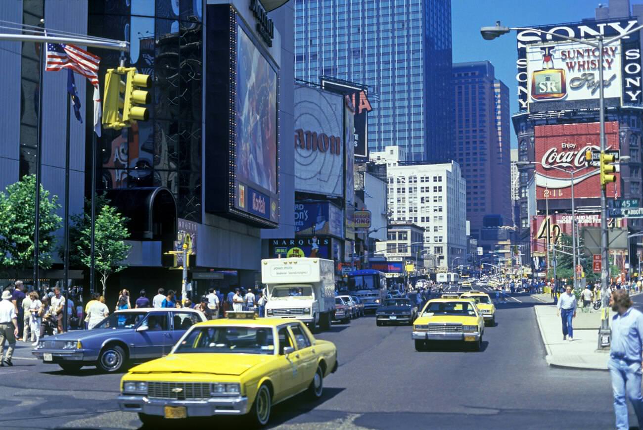 Yellow Chevrolet Impala Taxi Cabs, Times Square, Midtown Manhattan, 1988