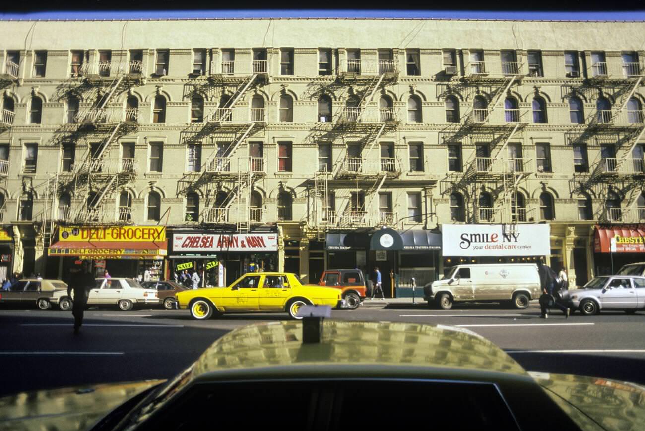 Historical Yellow Chevrolet Impala Taxi Cab Reflecting Eighth Avenue Tenements At Fifteenth Street, Manhattan, 1988