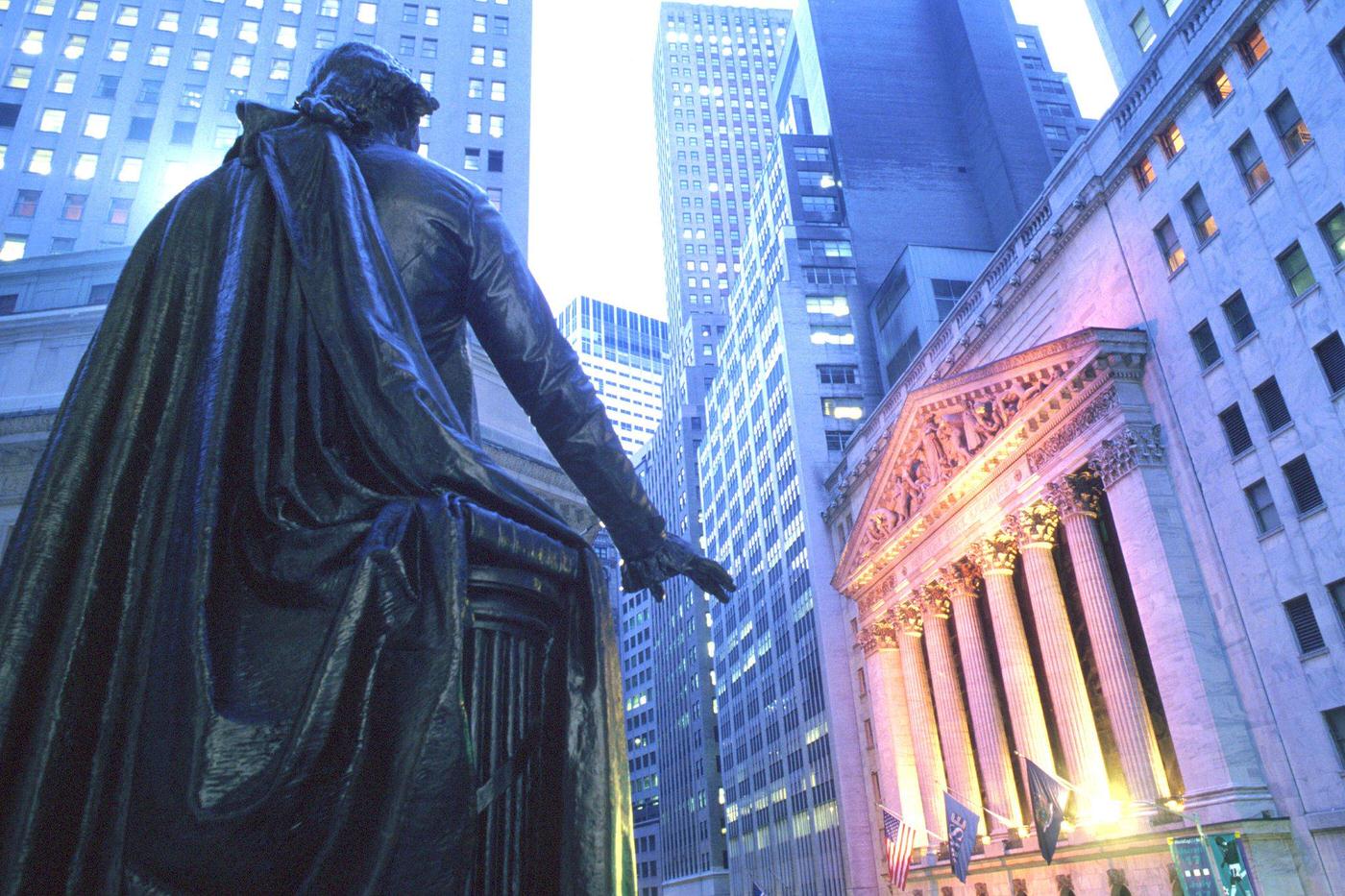 New York Stock Exchange With Statue In Foreground, Manhattan