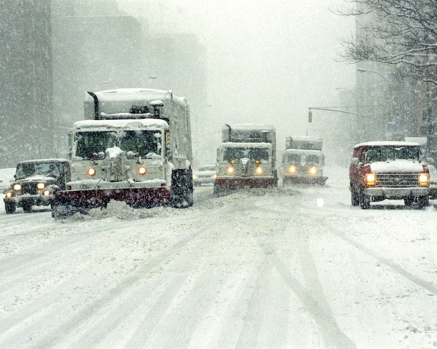 Snow Plows In Tandem Rolling North On 1St Ave. And 22Nd St., Trying To Keep Up With The Snowstorm Blizzard, Manhattan, 1993