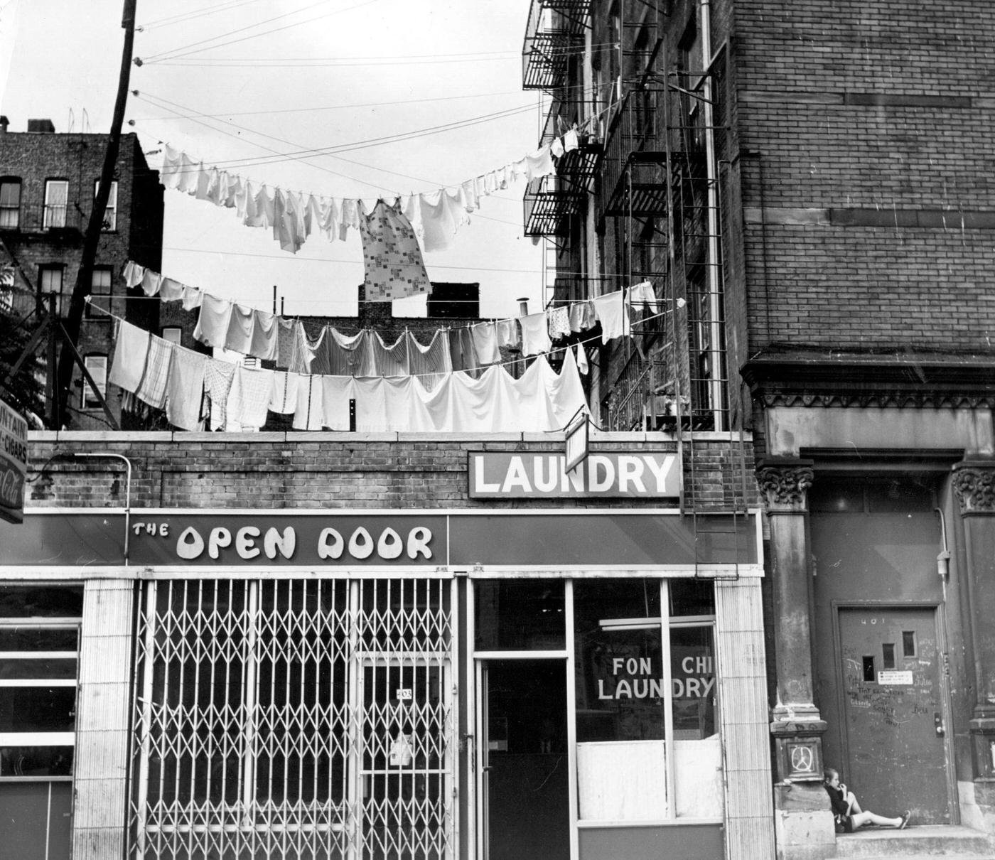 Clean Washing Hanging One Block West Of Times Square, Manhattan, 1977.