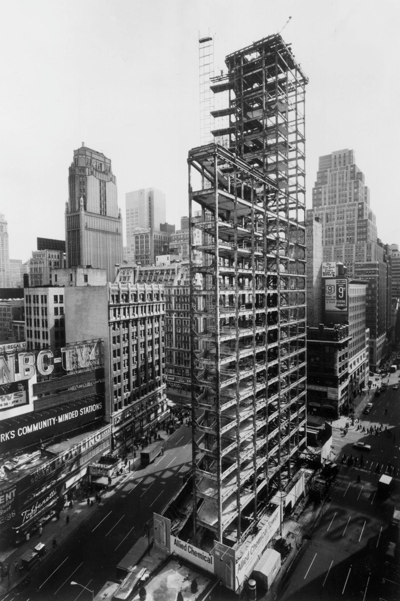 Allied Chemical Tower During Renovation, Times Square, Manhattan, Circa 1960.