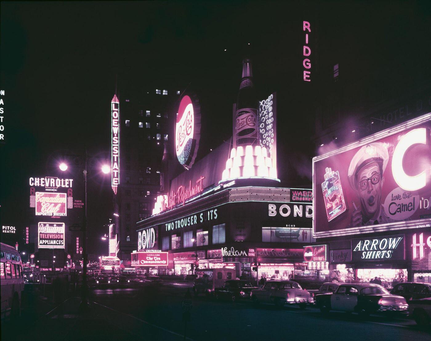 Neon Signs On Times Square At Night, Manhattan, 1956.