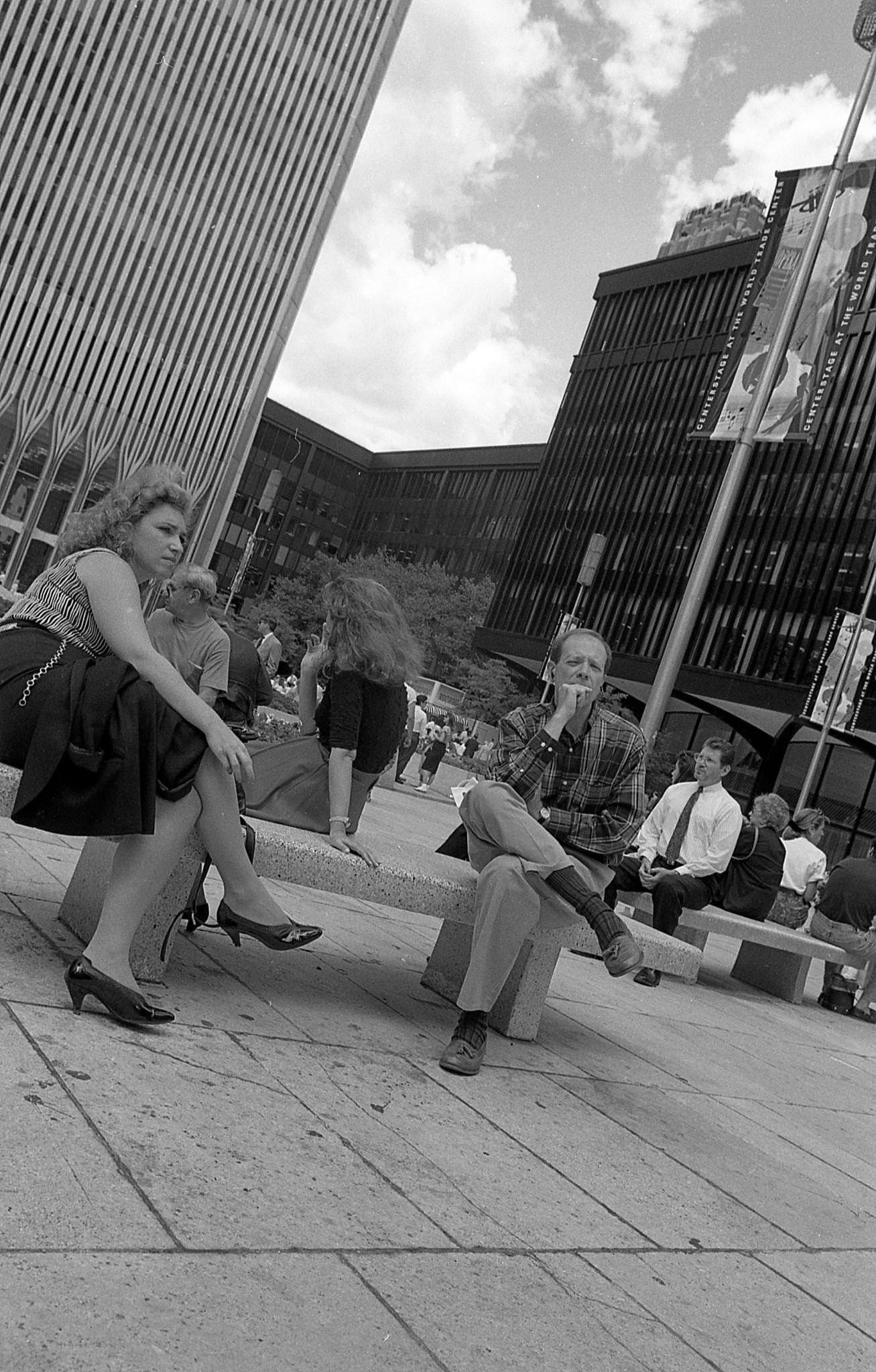 People Sitting On Stone Benches At World Trade Center Plaza, Manhattan, 1993