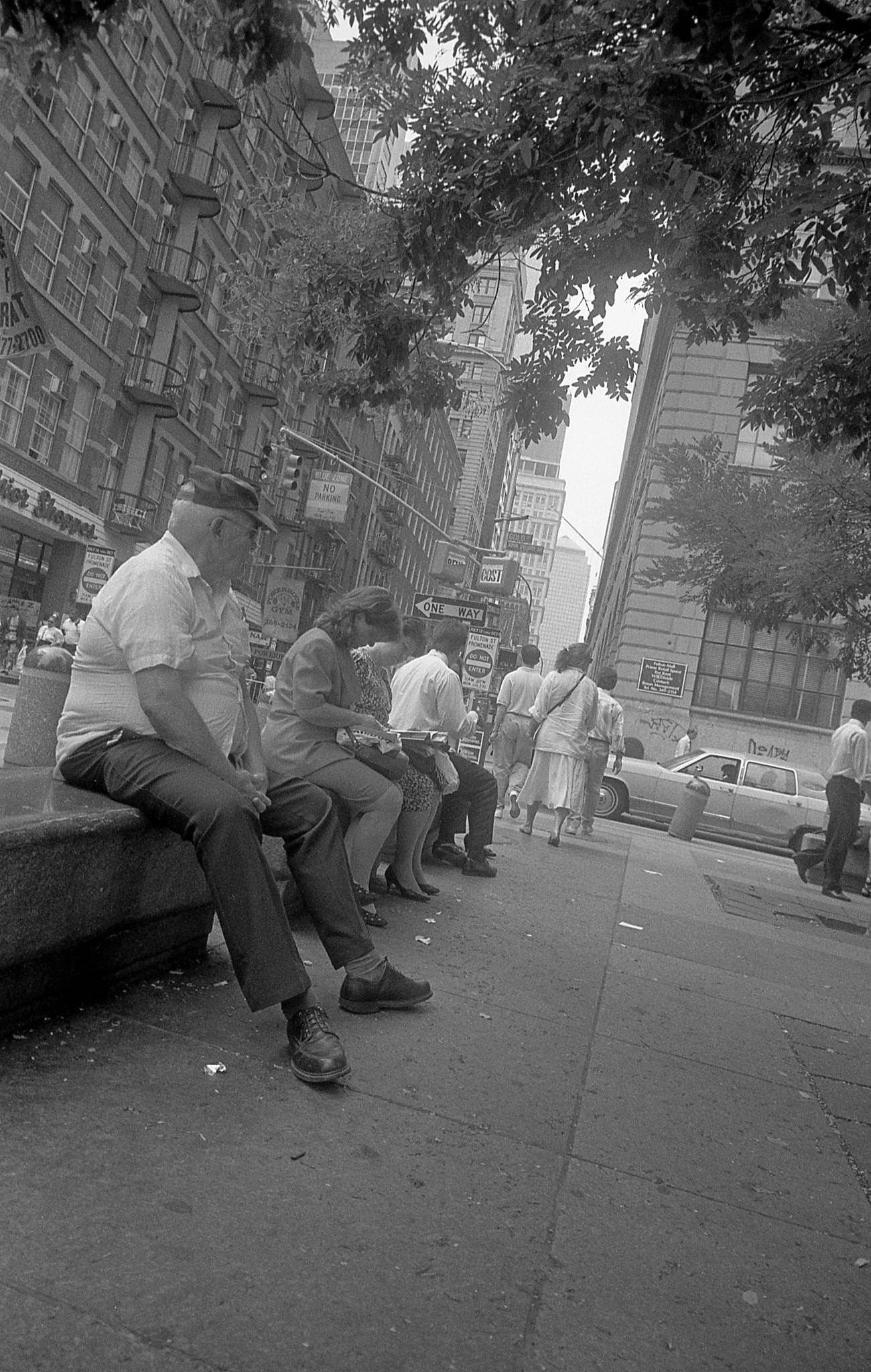 People Sitting On Stone Benches On Fulton Street, Manhattan, 1993