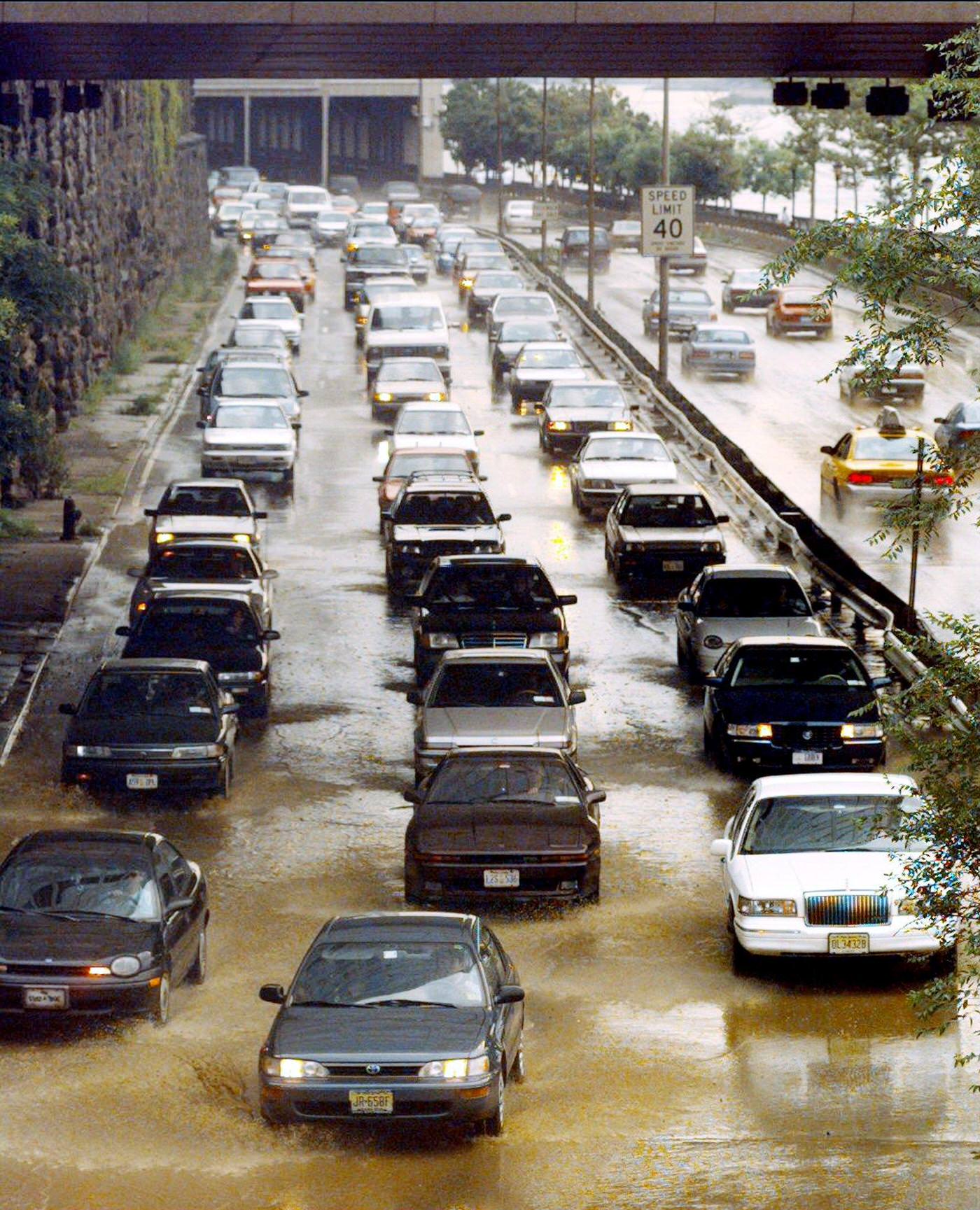 Cars Drive Through Flooded Street On Fdr Dr. At York Ave. And 68Th St., Manhattan, 1995