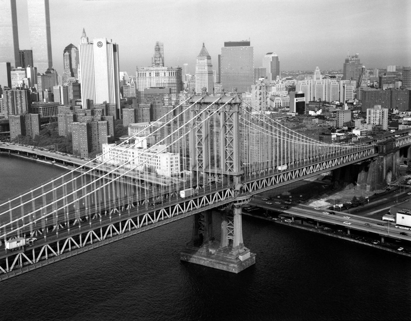 Manhattan Bridge And Downtown Skyline, Manhattan, 1991
