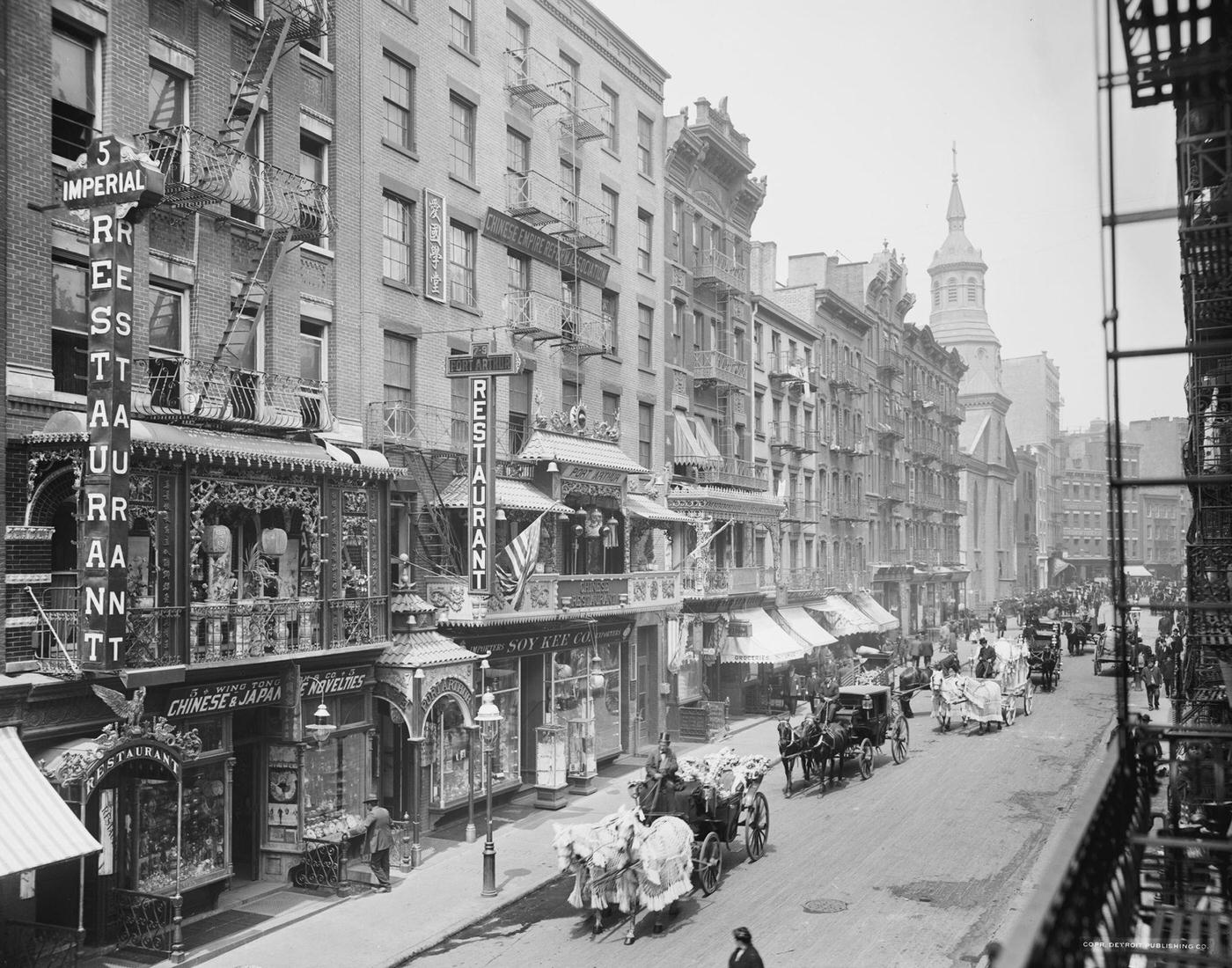 View Looking North, Showing Chinese Restaurants And Stores On Mott Street, Manhattan, 1905