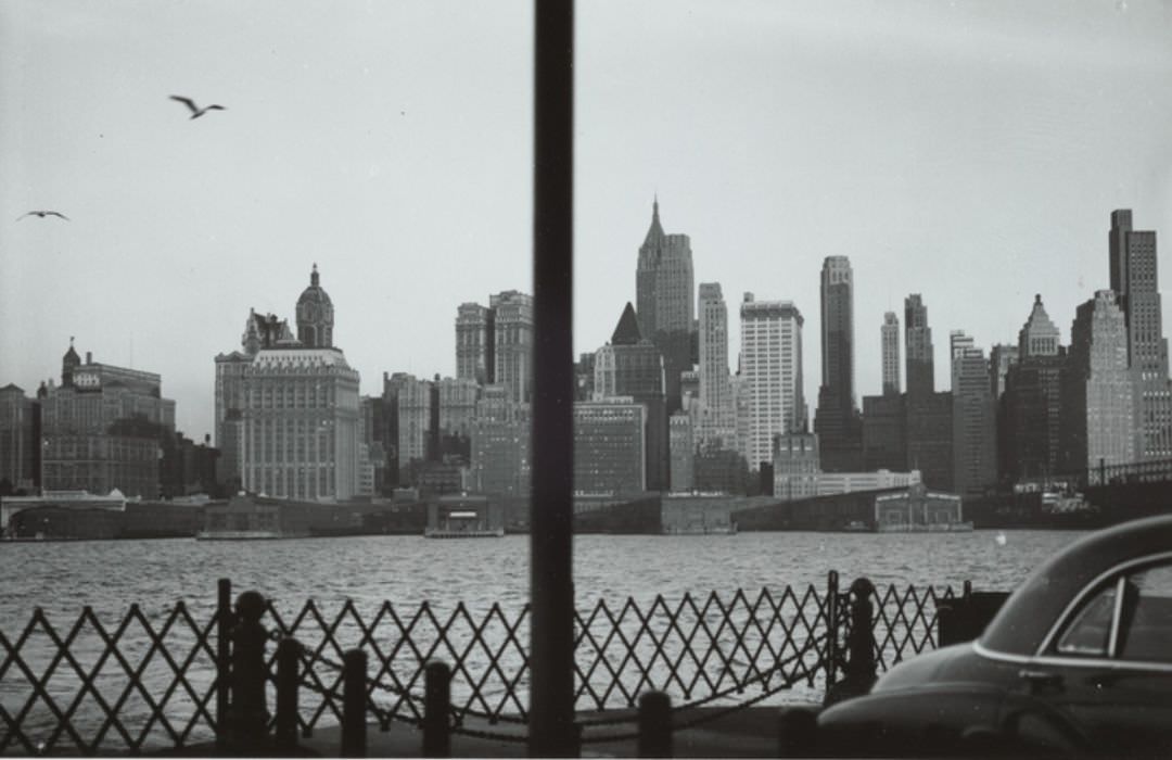View Of Lower Manhattan From The Staten Island Ferry On The Hudson River, 1953.