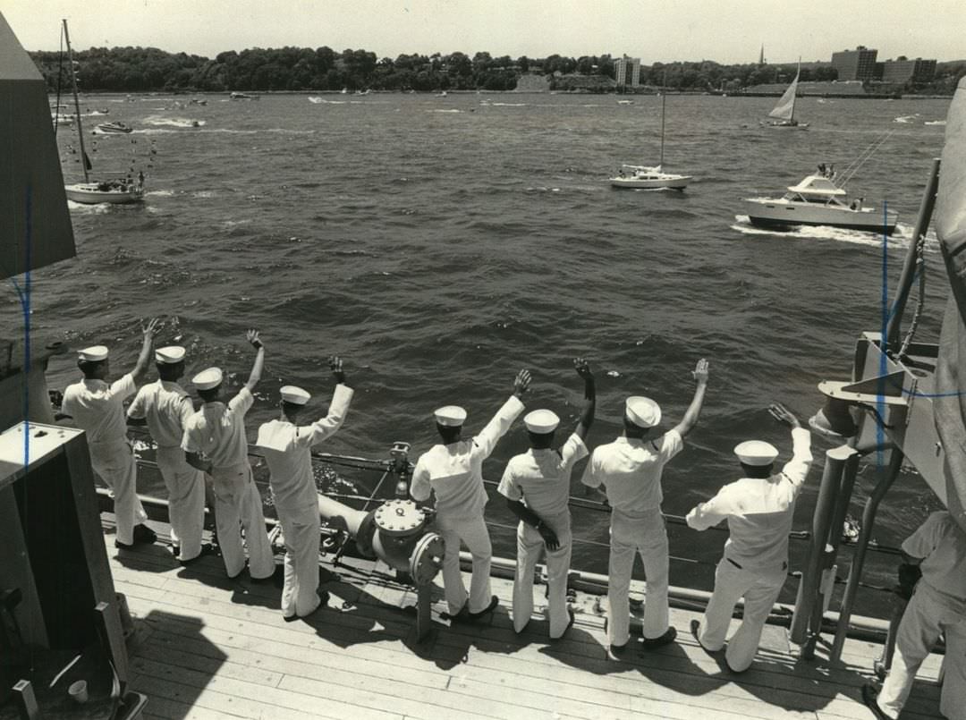 Sailors On Uss Iowa Wave At A Passing Ship During Liberty Centennial, 1986.