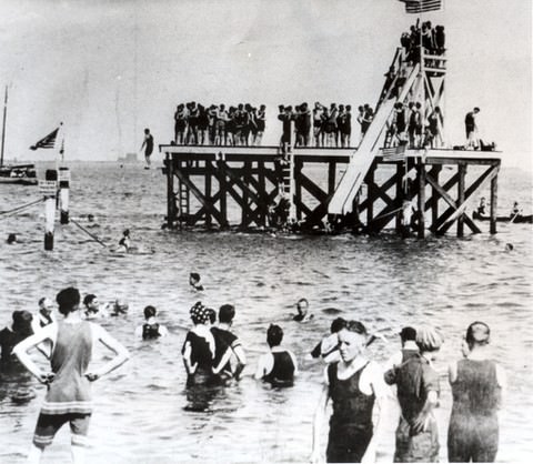 Early 1900S South Beach Scene With Dock And Water Slide.