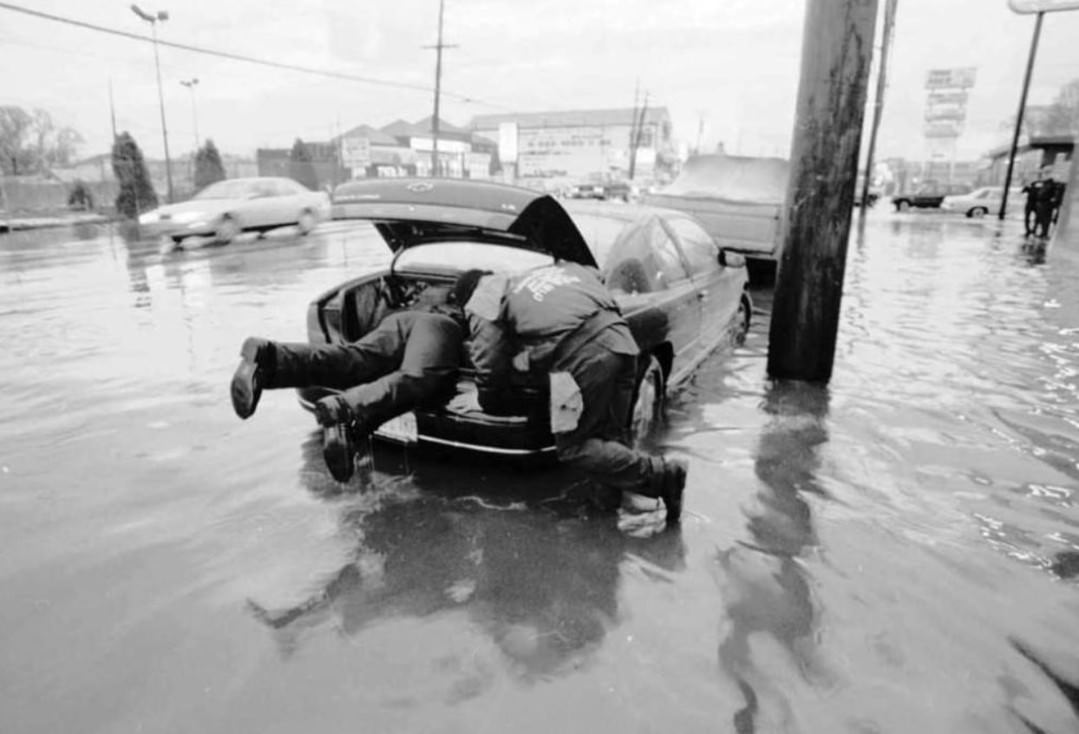 Car Stuck In Puddle At Intersection Of Hylan Blvd. And Jefferson Ave., 1996.
