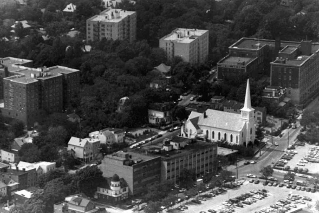 The St. George Area Viewed From The Metlife Blimp, Brighton Heights Reformed Church Center-Right, 1990.