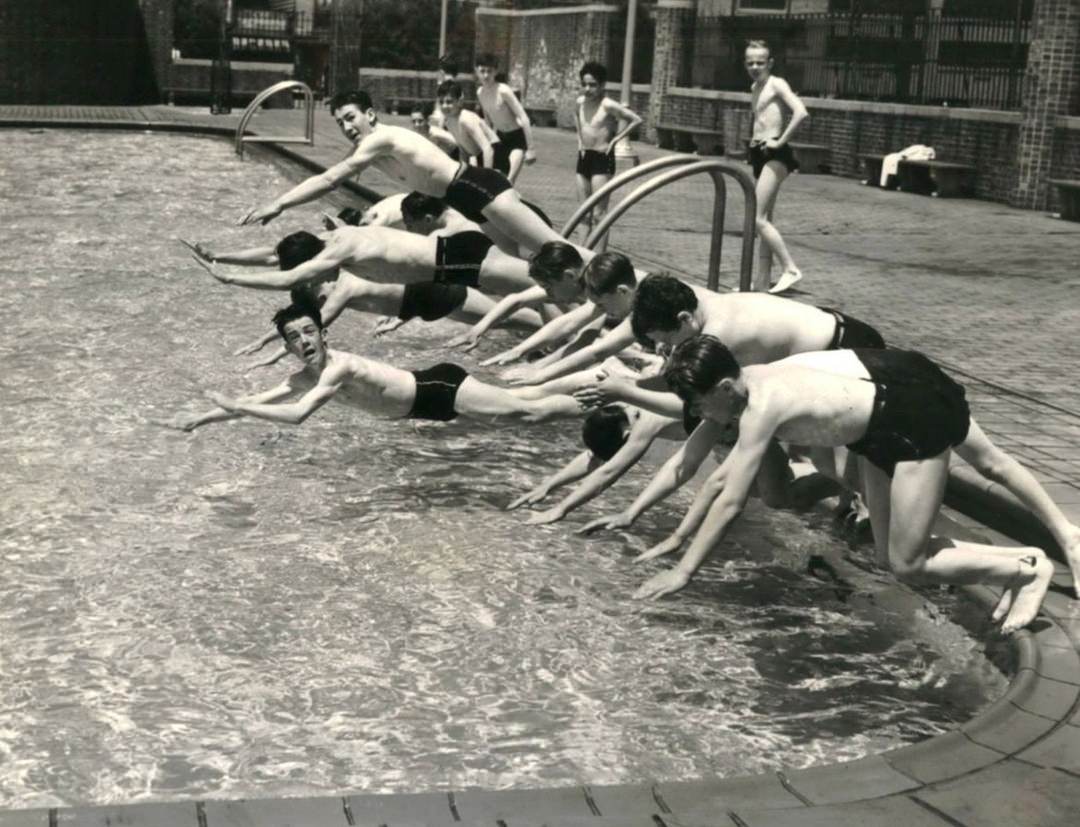Local Boys Take A Dip In Lyons Memorial Pool, 1940.