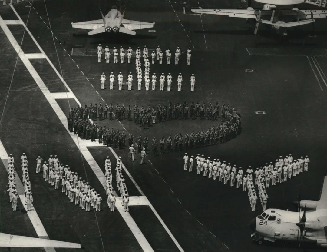 Sailors Aboard The Aircraft Carrier John F. Kennedy Spell Out &Amp;Quot;I Love Ny&Amp;Quot; During Fleet Week, 1993.