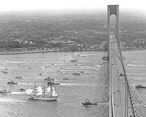 Tall Ships Participating In Operation Sail Passing The Verrazzano-Narrows Bridge, 1986.
