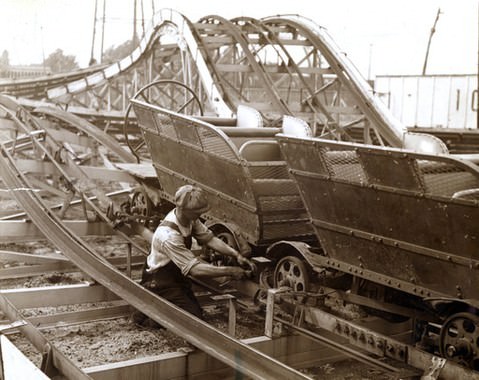 George Kelsey Tightening Up The Roller-Coaster At The Whirlwind In Midland Beach, 1933.