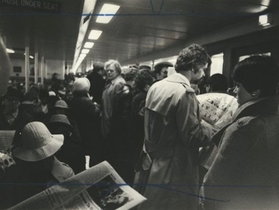 Commuters Stand Shoulder-To-Shoulder Aboard A Packed Staten Island Ferry, 1982.