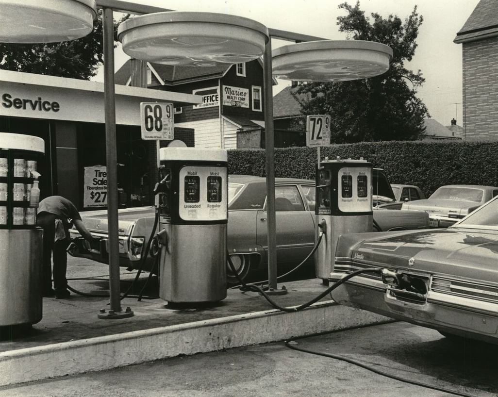 Castleton Corners Service Station Offers Premium Gasoline At 72.9 Cents Per Gallon, Regular Fuel Costs Four Cents Less, 1975.