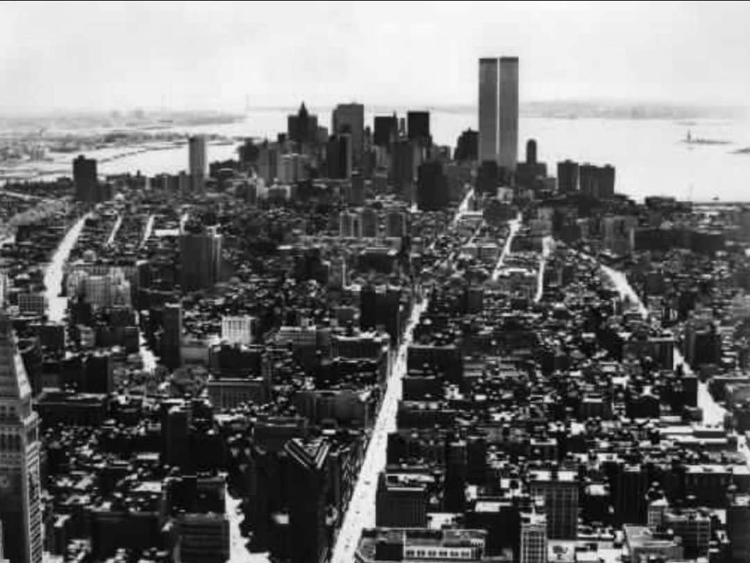 Aerial View Of Manhattan Showing The Twin Towers, 1977.