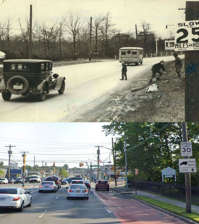 Grasmere Traffic Sign On Hylan Boulevard Just North Of Old Town Road In 1937 And Bottom Is Today.