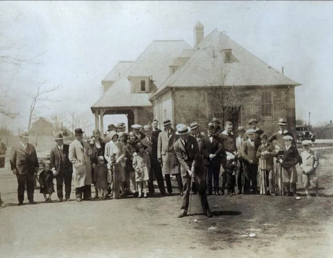 Silver Lake Golf Course Official Opening, Group Watches A Man Prepare To Hit A Golf Ball, 1930.