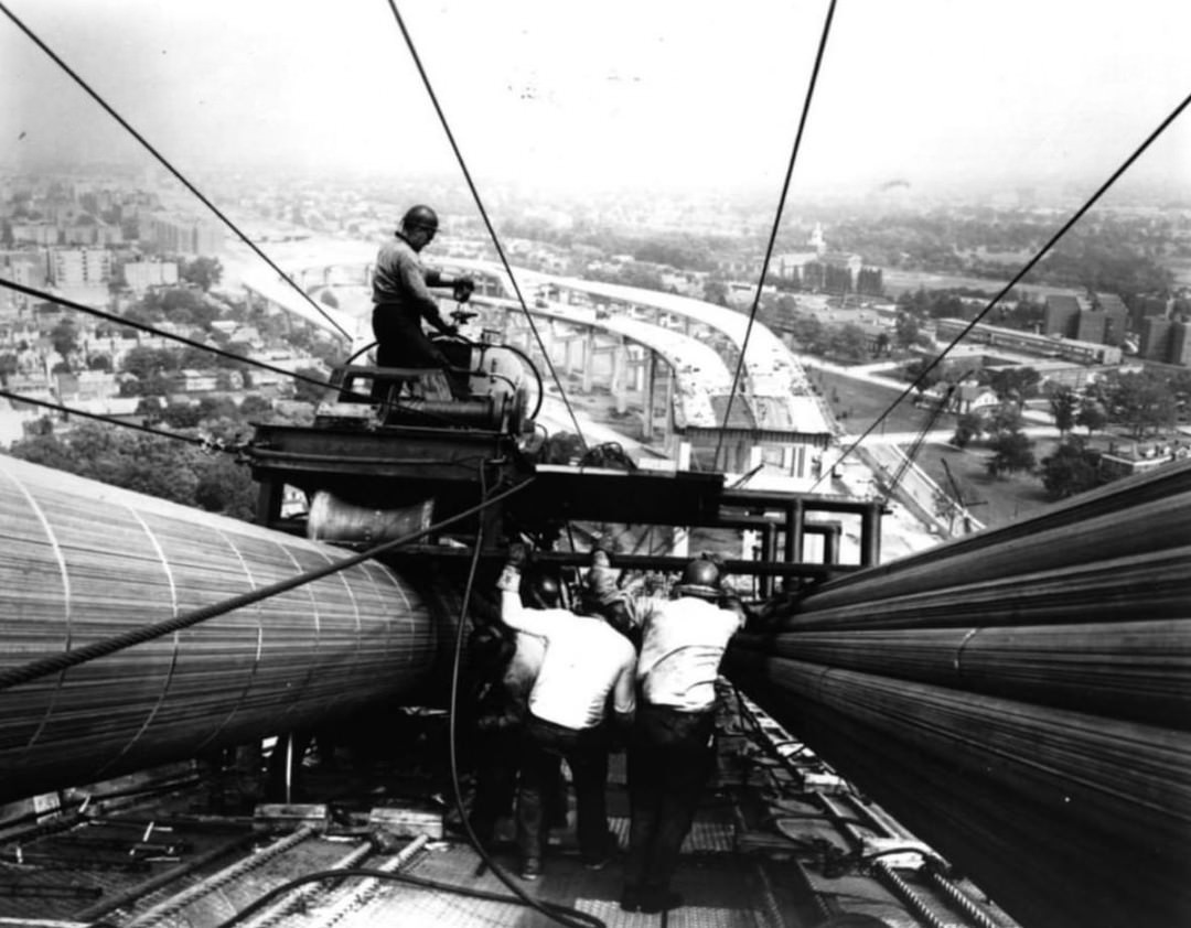 Construction Workers Squeeze The Cables Of The Verrazzano Bridge, 1963.