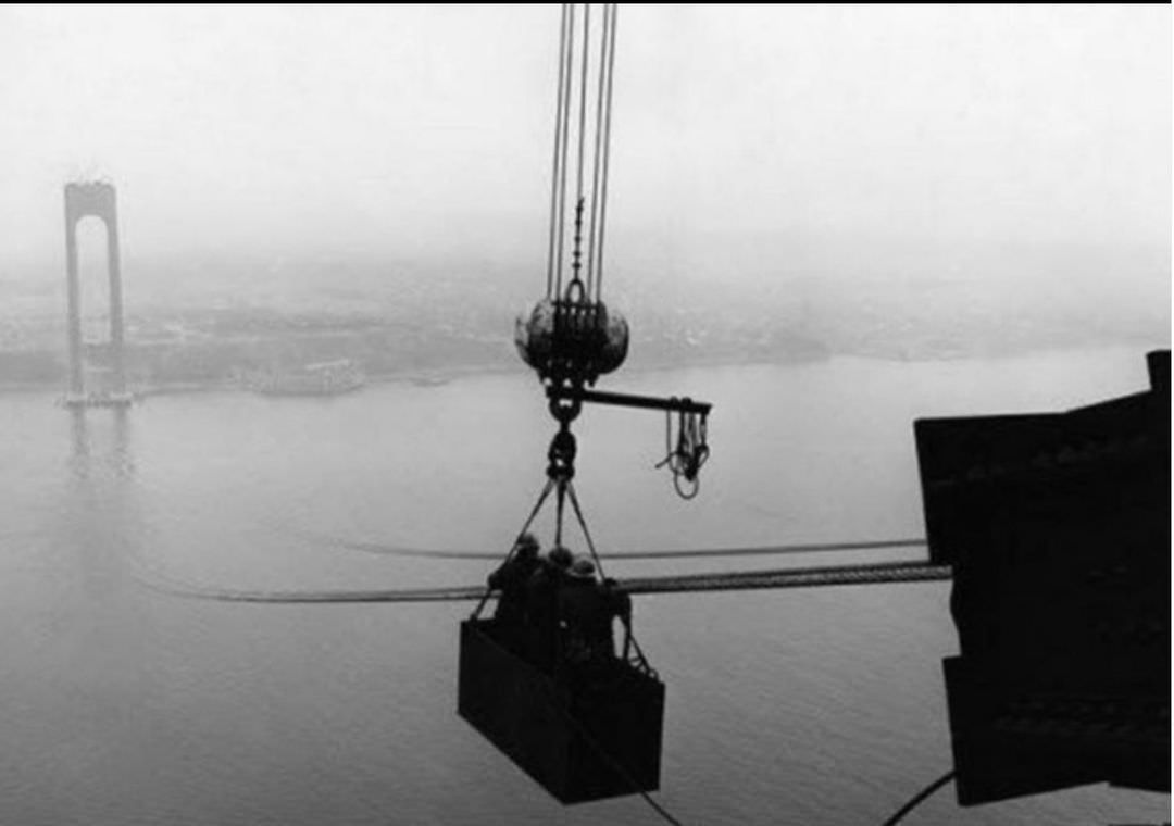 Workers Attach Catwalk Rope To The Verrazzano-Narrows Bridge Tower Beams, 1962.