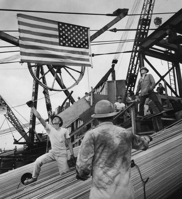 Workers Pull Cable Lines For Verrazzano-Narrows Bridge Construction, 1964.