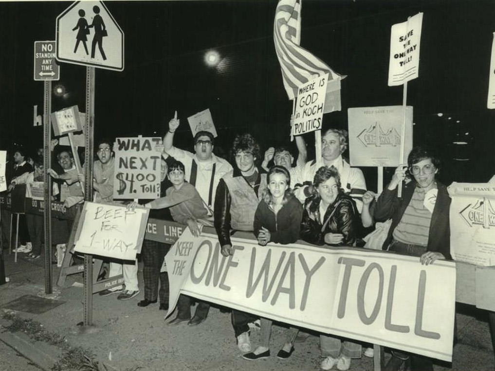 Demonstrators Support One-Way Toll On Verrazzano Bridge, 1986.