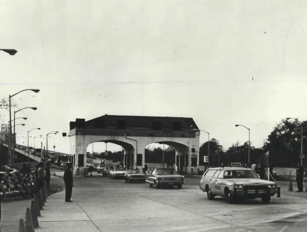 A Caravan Of Traffic From New Jersey Through The Old Toll Plaza At The Outerbridge Crossing, 1975.
