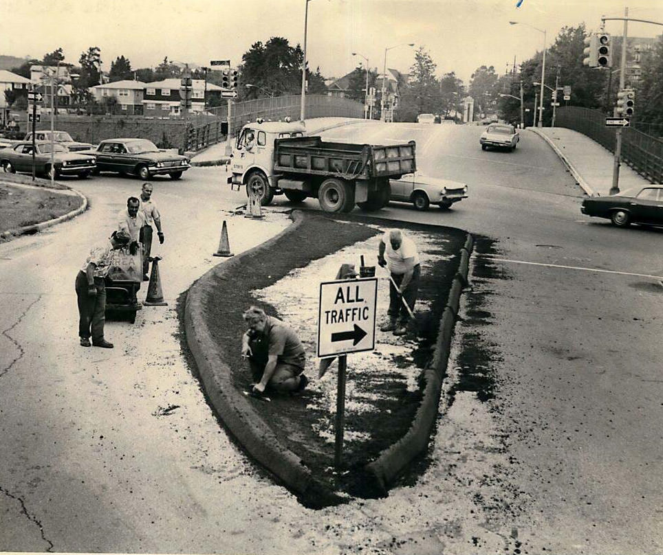 City Workers Construct An Island In Emerson Drive At Staten Island Expressway, 1971.