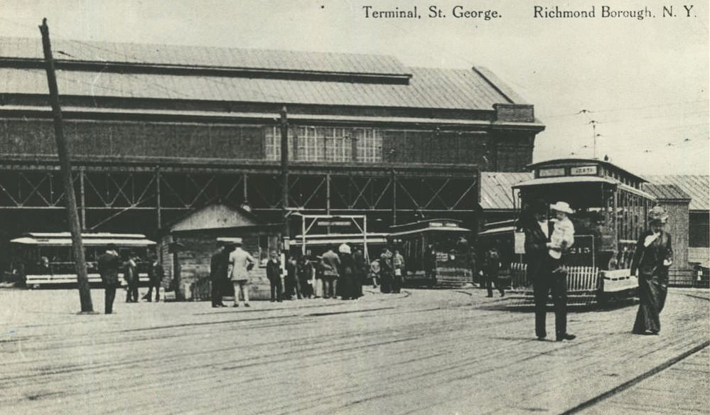 Pedestrians And Streetcar Near St. George Ferry Terminal, 1917.