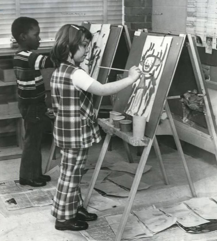 Budding Artists Corey Spellman And Sheila Dougherty Brush Up On Their Strokes At Montessori School International, 1973.