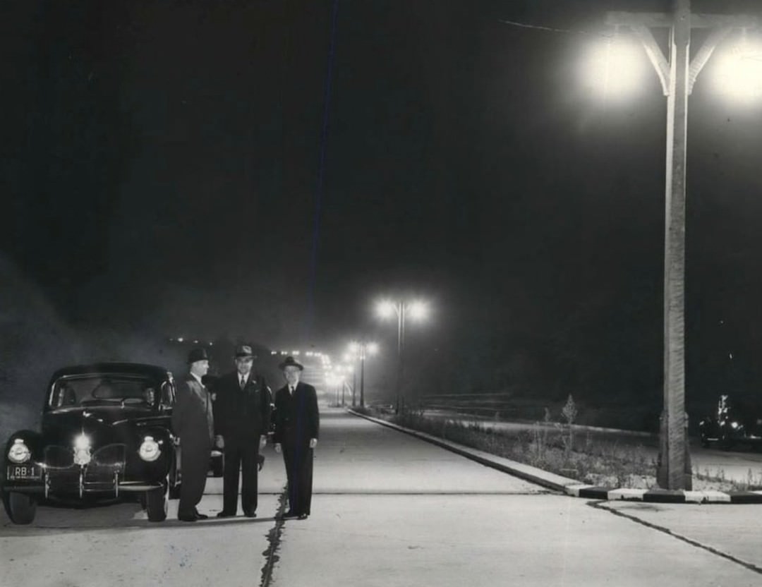 Nicholas Kelly, Brough President Joseph Palma, And Thomas Bannon Survey New Lights On Ramona Boulevard, Annadale, 1940.