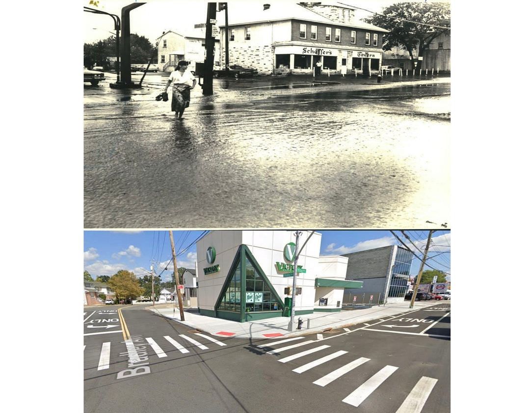 Sureyya Celiker Has Shoes In Hand As She Wades Across Victory Boulevard At Bradley Avenue, Castleton Corners, On Her Way To Work. Schaffer'S Tavern Is In The Background In 1980. Second Photo Was Taken In 2021, Shaffer'S Is Replaced By Victory Bank