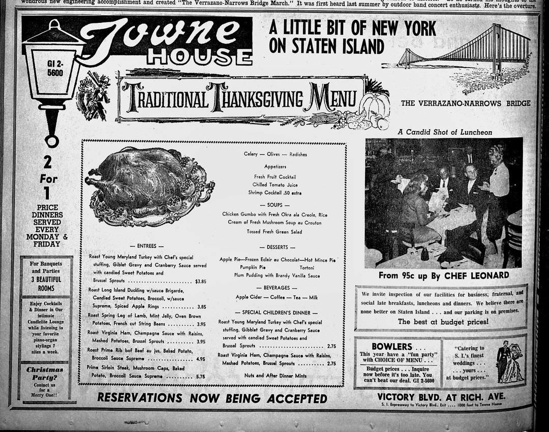 Thanksgiving Dinner At The Towne House, 1964: Menu Included Turkey, Stuffing, Gravy, Cranberry Sauce, Sweet Potatoes, And Brussels Sprouts, $3.85. 1964